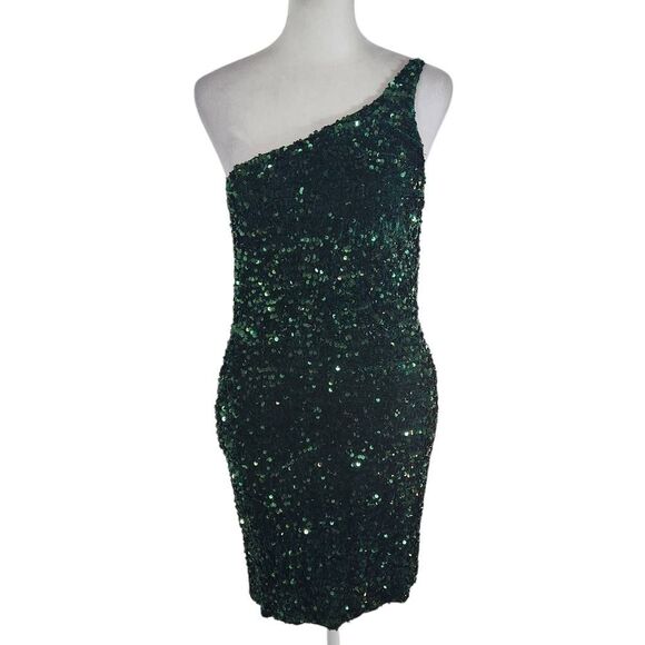 Mi Ami Green Sequin One Shoulder Mini Dress NWOT Size Small Formal Sequin Dress - Picture 1 of 11